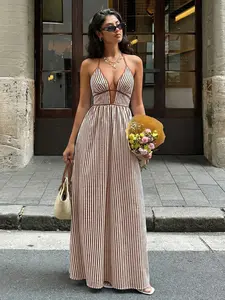 Deep V Neck Striped Backless Sleeveless Halter Statement Dress, Long Vacation Dress, Elegant Evening Gown, Formal Wear, Perfect for Special Occasions