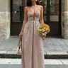 【Black Friday】Women's Striped Backless Sleeveless Halter Neck Dress, Evening Party Gown, Elegant Deep V-Neck Dress, Formal Wear for Special Occasions