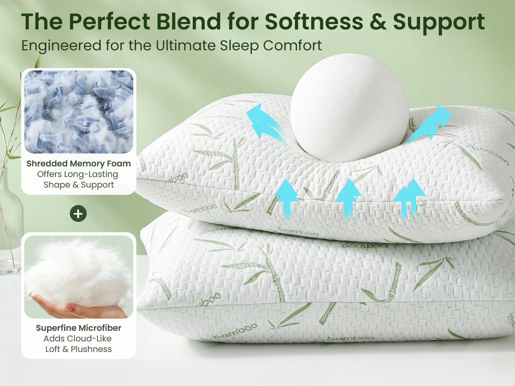 Shredded Memory Foam Pillows Set of 2, Adjustable Cooling Pillows, Rayon Derived from Bamboo Bed Pillows with Washable Cover, Comfy Support for Hot Side Back Stomach Sleepers