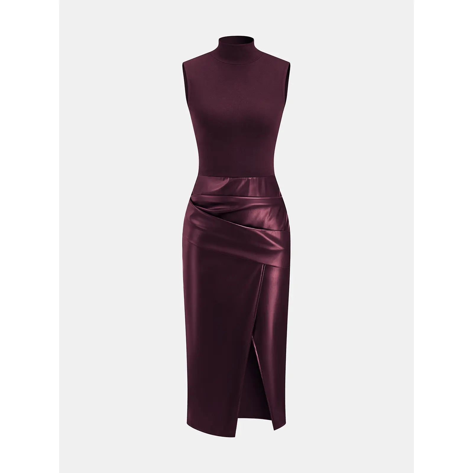 Faux Leather Panel Mock Neck Sleeveless Dress - TikTok Shop
