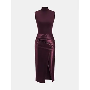 Faux Leather Panel Mock Neck Sleeveless Dress