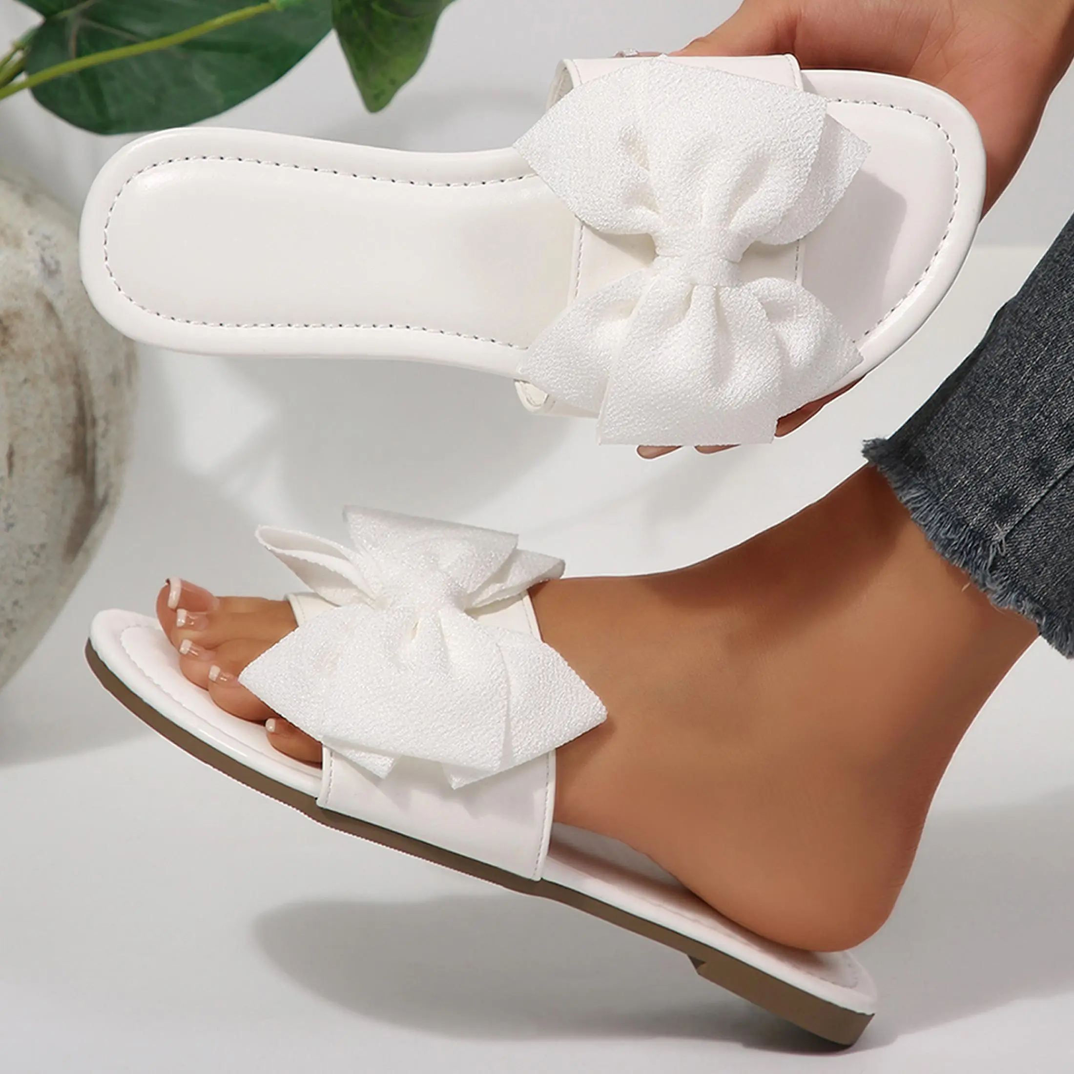 Women's Bow Sandals Dressy Cute Slippers Round Open Toe Slip on Summer Flat Sandals