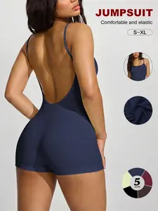 Women’s Ribbed Knit Sleeveless Backless Jumpsuit, Slim Fit One-Piece Romper, Casual Style for Daily & Sports, All Seasons Wear