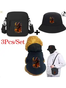 Vintage Halloween Black Cat Print, Pet Hoodie and Fisherman Hat and Crossbody Bag Three-in-one Combination, Universal for Men and Women, New Style of Pet Hoodie, 3Pcs Suit Stylish Hat Crossbody Bag Pet Hoodie Suit