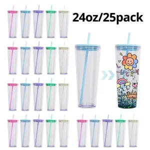 25pcs 24oz Double Wall Snow Globe Acrylic Plastic Cup Coffee Mug, Pre-drilled Snow Globe Plastic Cups with Stoppers for Glitter Snow Globe DIY, Colorful Lid, Water Bottles Drinkware