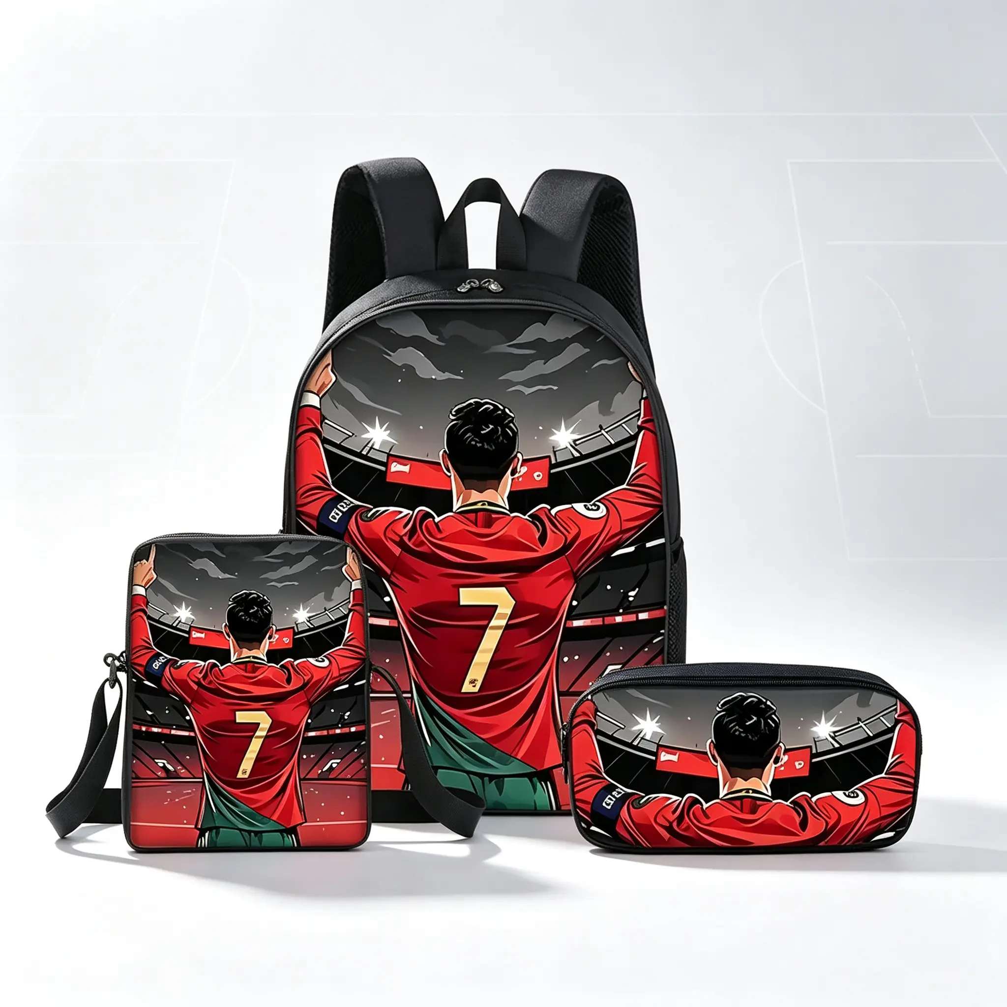 CR7 Soccer Themed 16in 3-Piece Backpack Set - Single Layer Backpack, Small Shoulder Bag, Pencil Pouch - Trendy Casual Sports Travel Bag for CR7 Fans