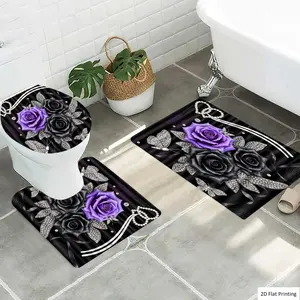 1/3Pcs Gothic Image with Black and Purple Roses Butterflies Bathroom Mat Set, Flannel Non Slip Bath Rug, Toilet U-Shape Mat, Toilet Lid Cover, Thickened Soft Absorb Water, Microfiber Surface Memory Foam Cushion,