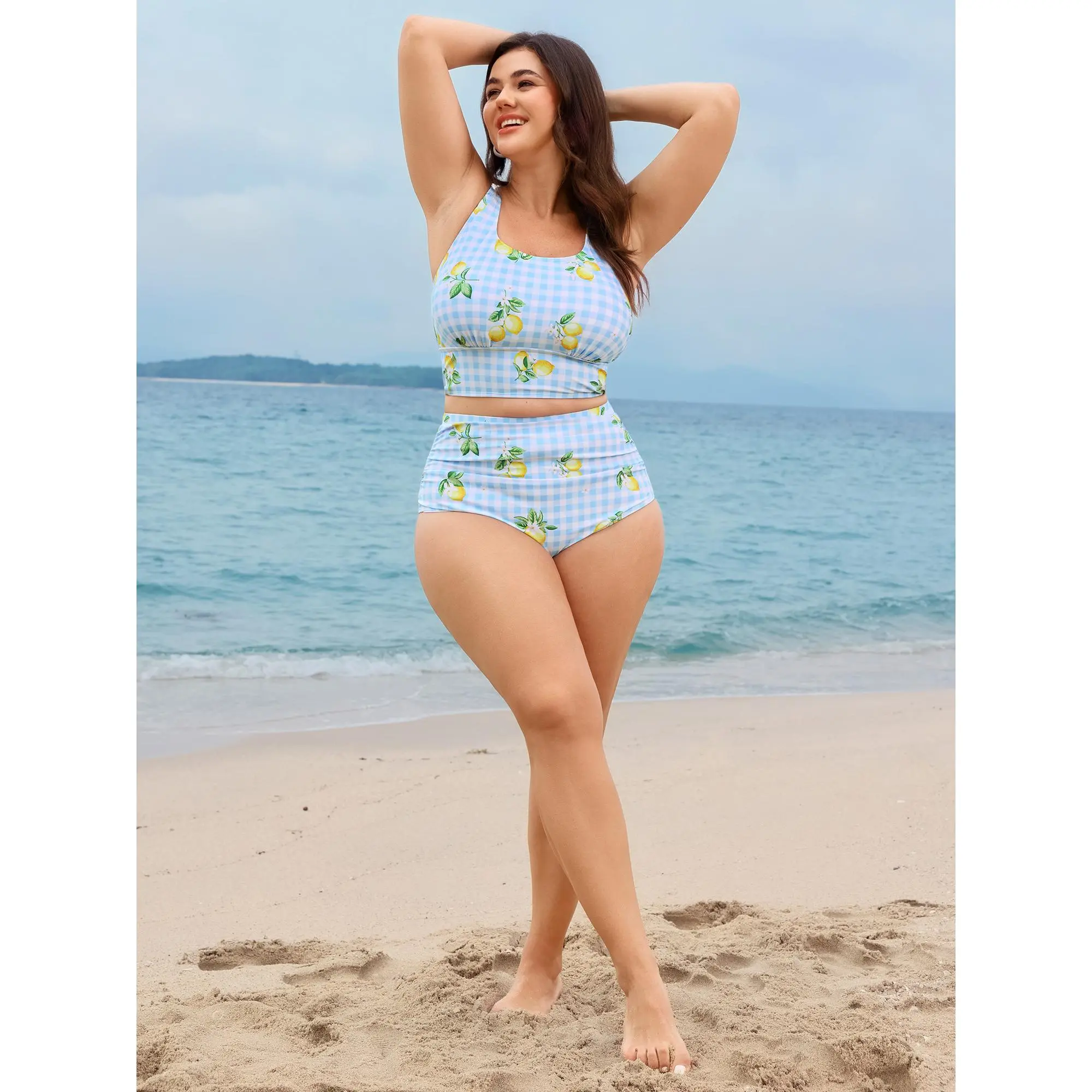 Plus Size Tie-Front Bikini Top with Lemon & Gingham Print,Chic High Stretch Chlorine Resistant Swimwear for Beach Wear,Bikini Beach Wear,Bikini Swimsuit Outfit,Summerfinds