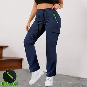 Women’s cargo pants with multiple pockets for spring and autumn—thin, straight-leg casual long pants featuring zippered pockets and an elastic waistband, suitable for outdoor sports and everyday outings.