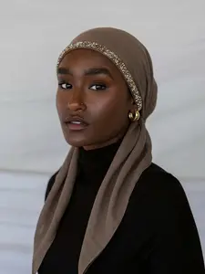 Women's Plain Rhinestone Muslim Modal Instant Hijab, Fashion Versatile Turban Scarves for Daily Use, Elegant Contrast Sequin Design, Head Scarf