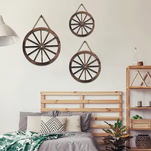 Wooden Wagon Wheel Design Hanging Decor, 3 Counts/set Vintage Country Wagon Wheel Wall Decor, Hanging Decor for Home Living Room Bedroom