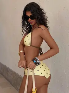 AMAN Women's Retro Yellow Polka Dot Print Contrast Color Bikini Swimwear Set
