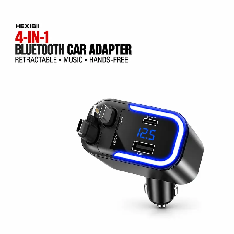 4-in-1 Retractable Bluetooth Car Adapter - Dual USB Charger, Hands-Free Calling, MP3 Player, 87.5-108 MHz Adjustable Frequency, TF/USB Music Play, 7-Color LED Backlit, Compatible with iPhone 15/15 Pro Max/14/13/12/11