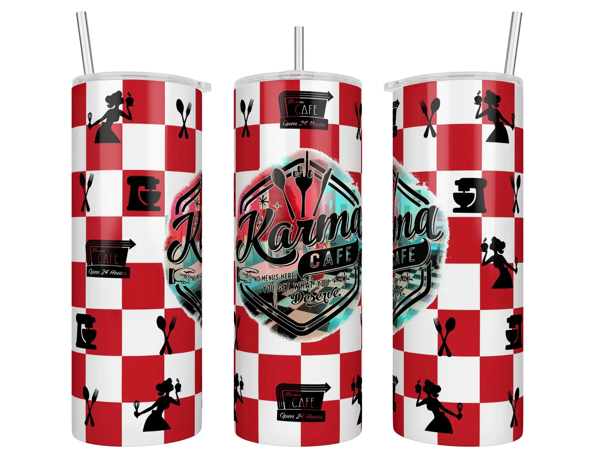 Karma Cafe 20 oz Skinny Red Sublimation Tumbler Double-Wall Vacuum Insulated Stainless Steel Travel Mug with Sliding Lid & Straw BPA Free Handmade
