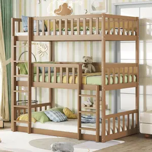 Twin Size Triple Bunk Bed, Rubber Wood Triple Bed with Ladders, Guardrails Detachable Bunk Bed, Twin over Twin over Twin Bunk Bed