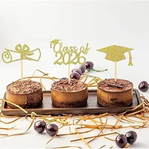 12Pcs Glitter 2026 Graduation Cupcake Toppers | Grad Cap & Diploma Cupcake Picks for Graduation Party Decorations