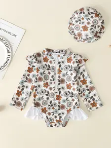 Baby Girl Floral Print Long Sleeve Sun Protection Swimsuit, Fitted One-Piece Swimwear with Hat, Complete Swimsuit Set, Cute Style for All Seasons
