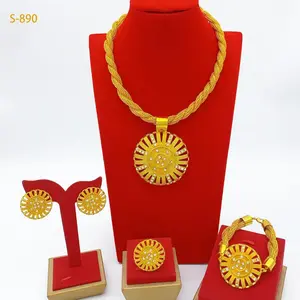 Shiny Basic Chain No Fading Four-Piece Set Gold Plated Bridal Necklace Bracelet Ring Earring Jewelry Woman Couple Fit Daily Wear