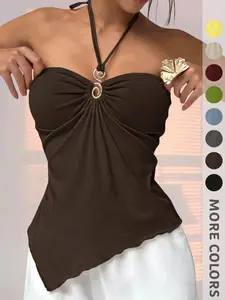 New Summer Women's Halter Tie Pure Color Tank Top, Metal Ring Buckle Design, Ruched Asymmetrical Hem, Elegant Fashion for Office, Vacation, Date