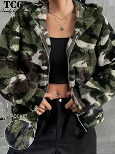 Women's Camouflage Fitted Hoodie Jacket, Casual Fashion Thickened Warm Coat for Fall Winter, Ladies' Outerwear with Pocket Design