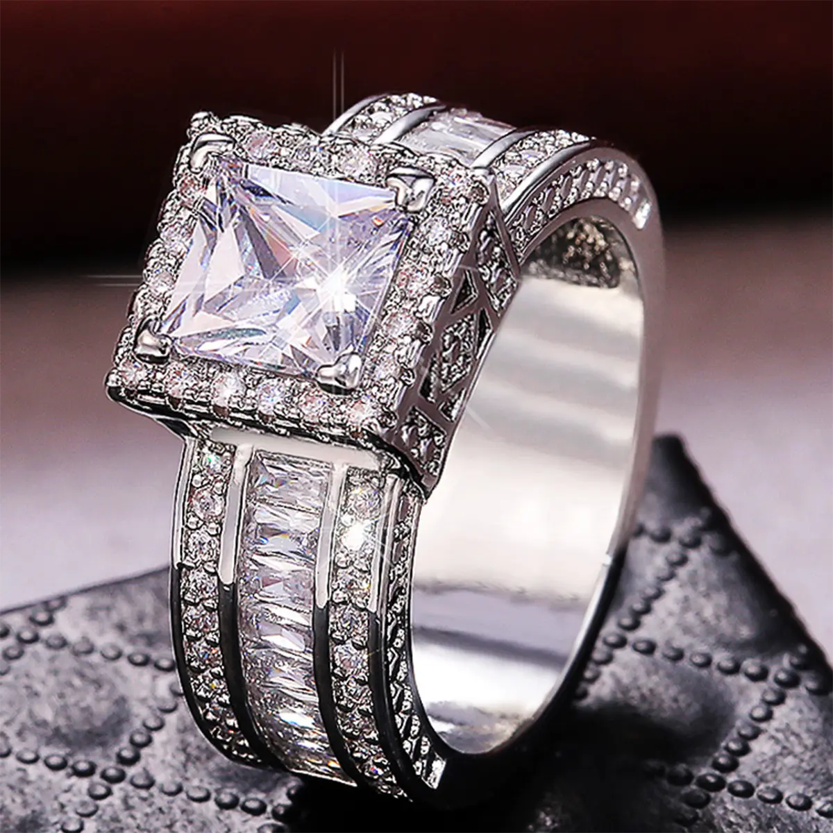 Square Simulated Diamond Promise Wedding Ring, Fashion Solitaire Engagement Ring, Silver Women's Infinity Eternal Love Ring with Cubic Zirconia