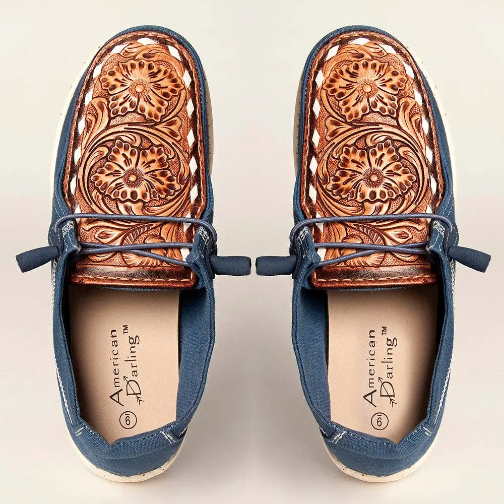 American Darling Slip-On Flats - Women's Blue Canvas Loafers with Tan Tooled Leather
