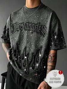 Y2K Glitter Flame Los Angeles Gothic Print Loose Men's T-Shirt, Dark Street Style Streetwear, Casual Short Sleeve Daily Wear Top