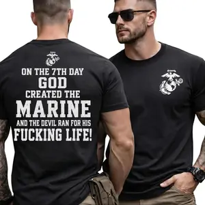 Men's Round Neck Short-Sleeve Breathable Fabric T-Shirt - Menswear Apparel, "On The 7th Day God Created The Marine" Print Casual Veteran Military Top