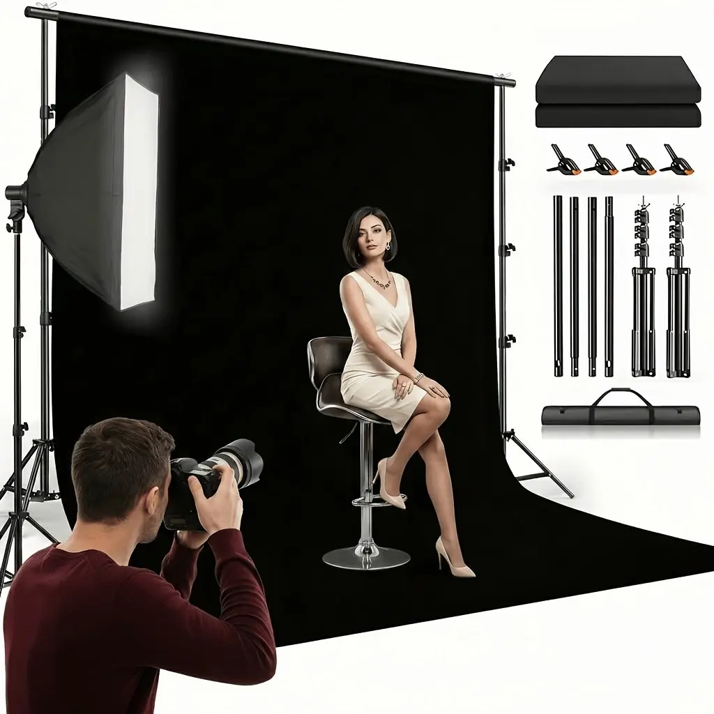10x10ft Black Backdrop Screen with Stand Kit, 7.5 X 10ft Portable Backdrop Stand Kit with Carrying Bag And 4 Clamps for Photoshoot Portraits Party Video Recording