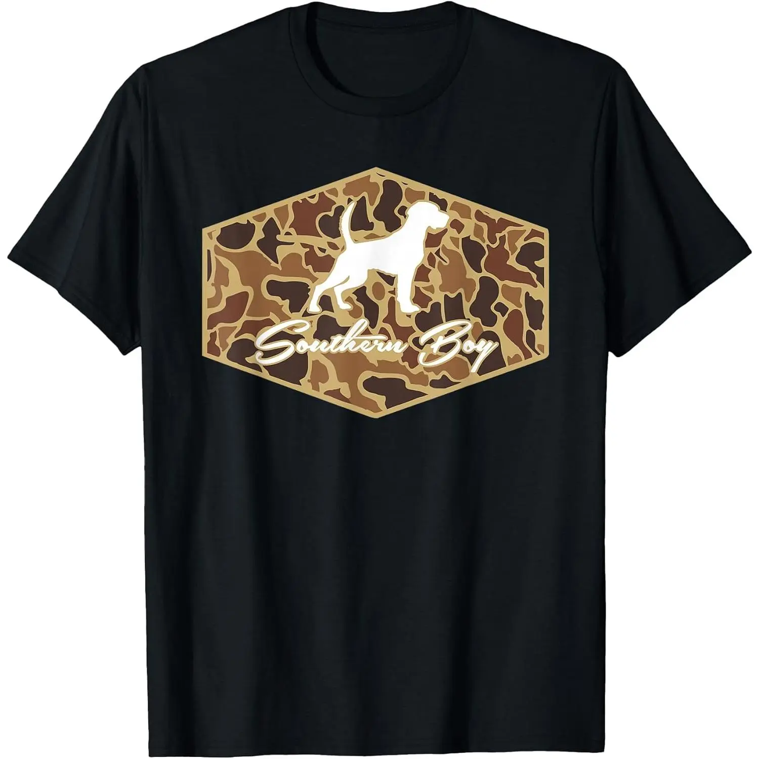 Southern Boy Camouflage Hunting Dog Hello Hunting Season T-Shirt Outfits Graphic Black Classic Menswear Soft Fabric Cotton