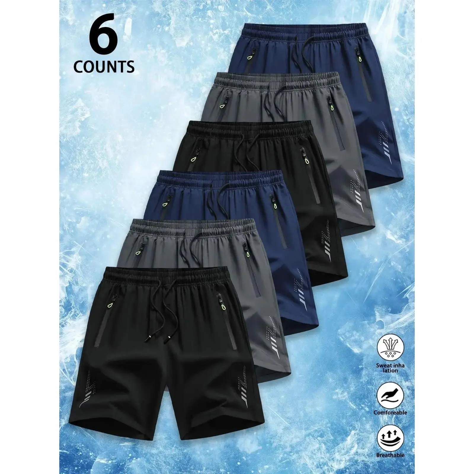 Men's Assorted Color Premium Ice Silk Quick Dry Athletic Shorts - 6-Count, Cooling Drawstring Elastic Waist, Secure Zipper Pockets, Reflective Detail, Casual Hiking Bottoms, Assorted Color Men's Shorts, 2-In-1 Quick-Dry Men's Shorts