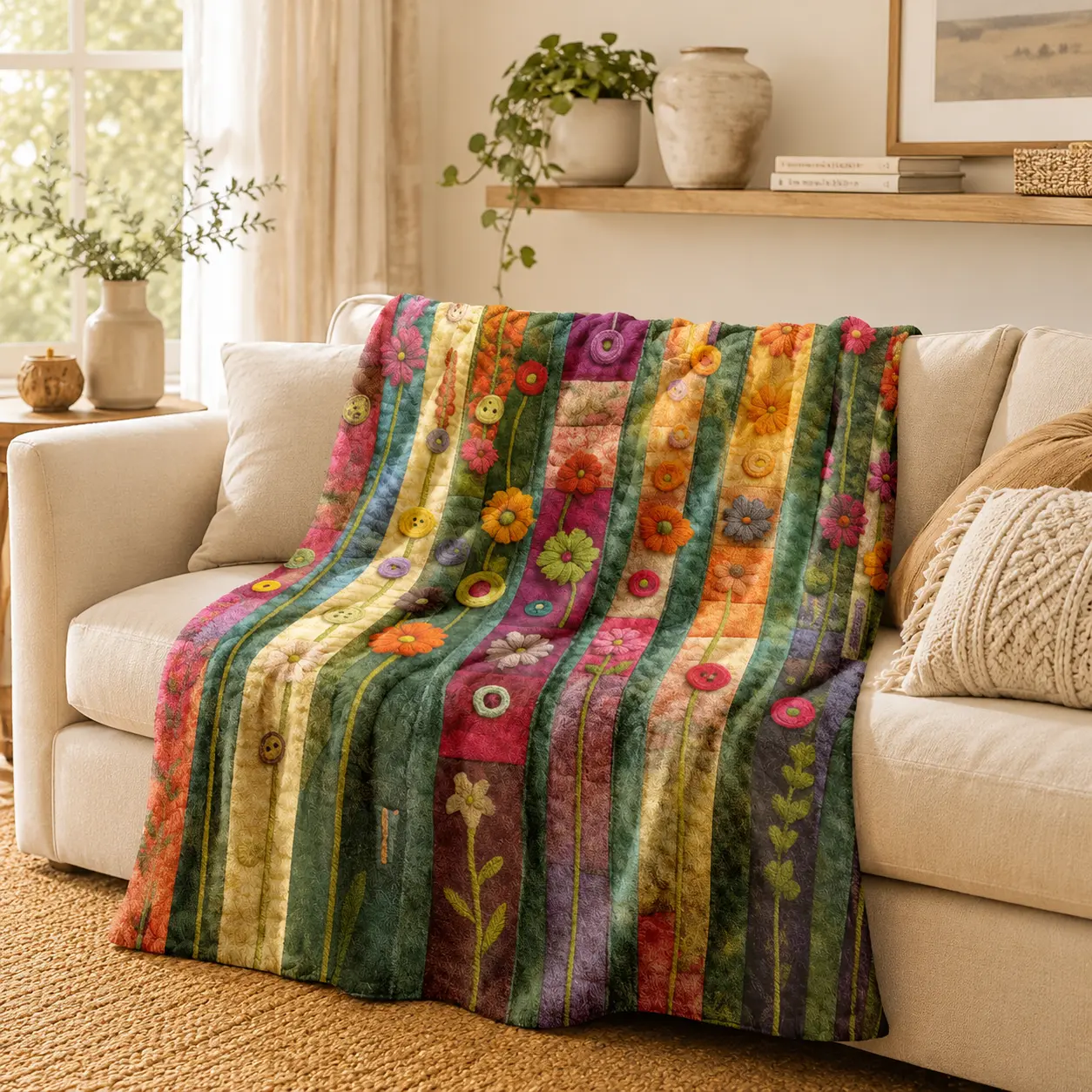 Vintage Patchwork Floral Boho Striped Flannel Throw Blanket, Lightweight Soft Fuzzy Plush Blanket for Couch Bed Sofa, All Season Cozy Warm, Artisan Cottagecore Gift, Colorful Rustic Botanical Quilt Style Bedroom Living Room Home Decor