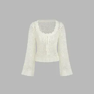 Cider [2 colors, size 2-26] Bowknot Hollow Out Knitted Bell Sleeve Top