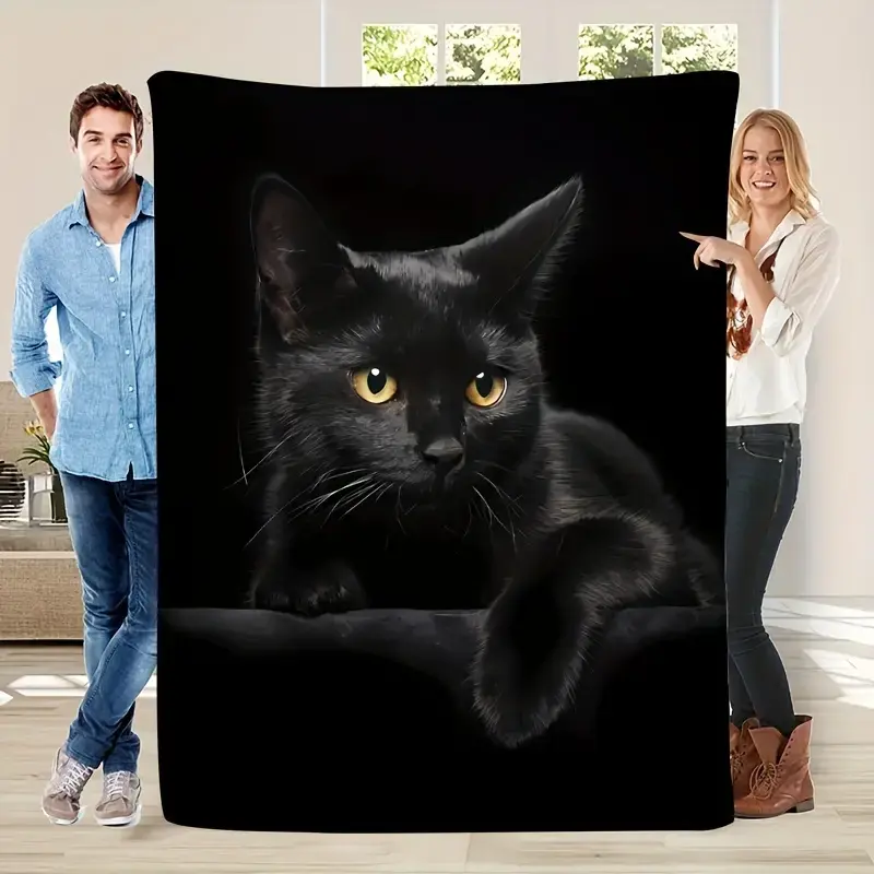 Realistic Black Cat Flannel Throw Blanket, Lifelike Black Panther Cat with Golden Eyes Print Soft Plush Blanket, Dark Aesthetic Cozy Lightweight Blanket for Sofa Bedroom, Unique Gift for Black Cat Lovers Cat Mom
