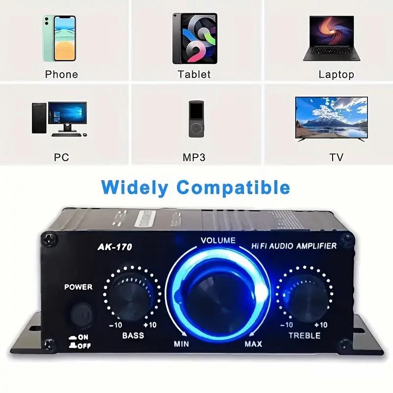 AK-170 Mini Car Audio Amplifier 12V 20W High-Power for Cars Motorcycles Computers MP3 Players Home Road Vehicles Black with Blue Indicator Lights Battery-Free Modern Durable Audio Equipment