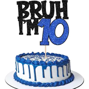 1PCS Glitter Bruh I'm 10 Cake Topper Happy 10th Birthday Cake Pick Decoration for 10 Years Old Birthday Anniversary Party Supplies Blue
