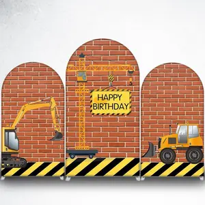 15-day 2D Flat Delivery Yellow Excavator Brick Wall Arch Backdrop Cover for Construction Theme Kids Birthday Party