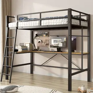 Metal Loft Bed Twin with Desk, Heavy Duty Twin Bed Frame, Noiseless, Space Saving, No Springs Required, Vintage Design Ladder And Guardrail