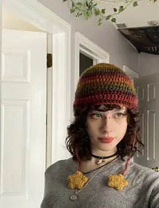 earflap hat with star pompoms crochet handmade knitted
