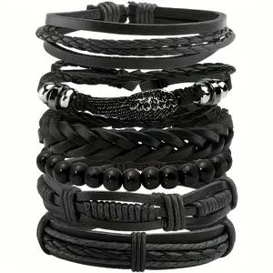 🔥   6-Pack Punk Braided Bracelets |   Vegan Leather Adjustable Unisex Set for Daily & Party Style 🖤