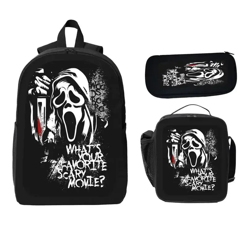 3-Piece Ghost Face School Backpack Set for Men Women, Lightweight Horror Aesthetic Youth Backpack with Lunch Bag, Pencil Case & Laptop Compartment, School Backpacks