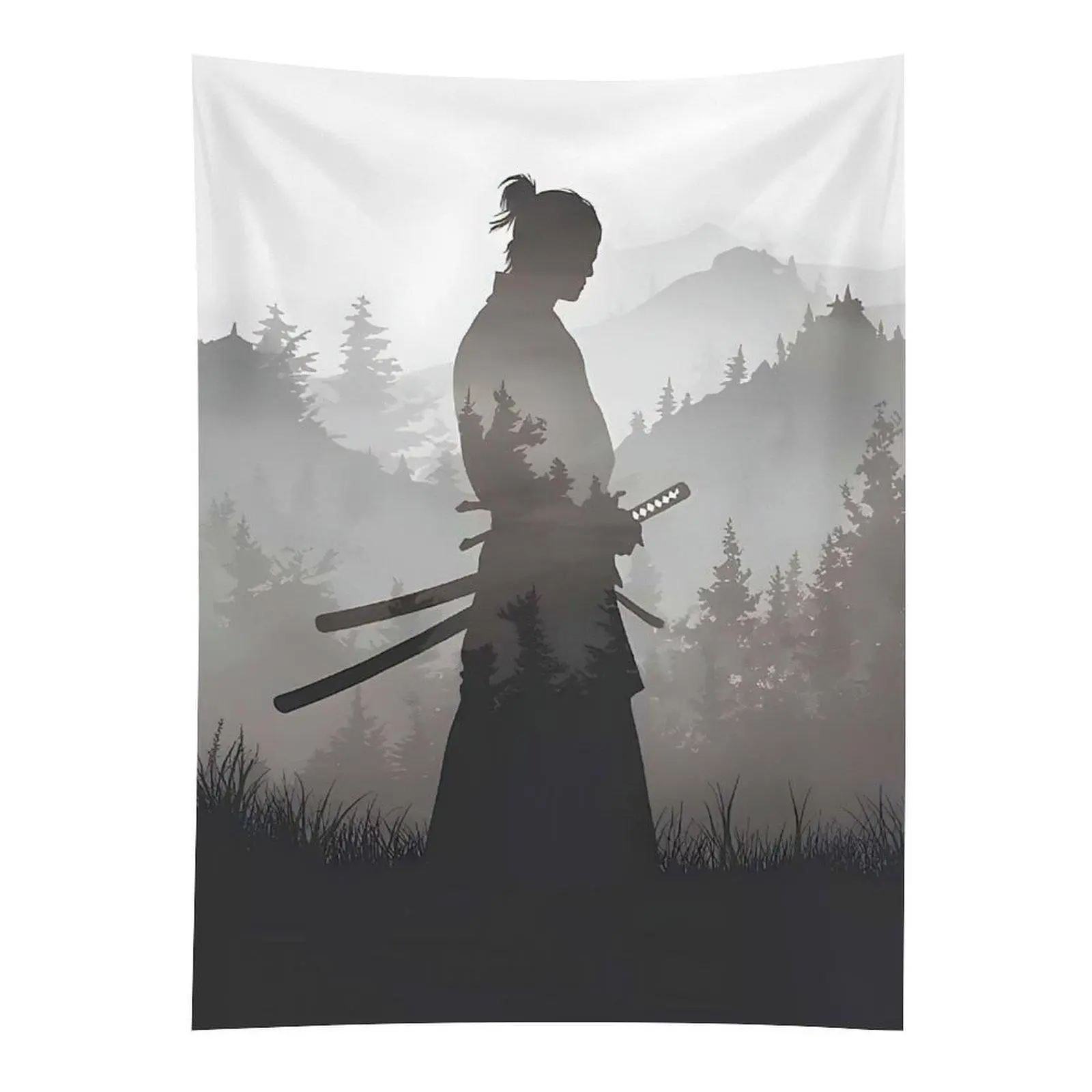 Samurai Silhouette Tapestry Misty Forest Japanese Warrior Wall Hanging Decor