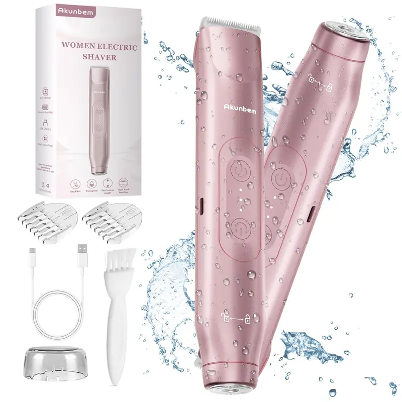 Akunbem Bikini Trimmer for Women, Electric Shaver and Razor Rechargeable 2-in-1 Body and Facial Epilator, Dual Heads for Painless Trimming of Pubic Hair, Face, Underarms and Legs, Summer Gift