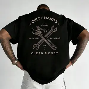 "Dirty Hands, Clean Money" wrench graphic t-shirt, workwear-style graphic print t-shirt, comfortable fabric short-sleeved top.