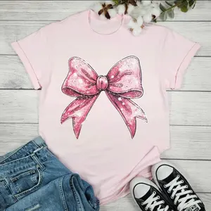 Envy Stylz Boutique Preppy Pink Bow Graphic Tee - Cotton Crewneck Top for Women, Comfortable Fit, Stylish Summer Wear