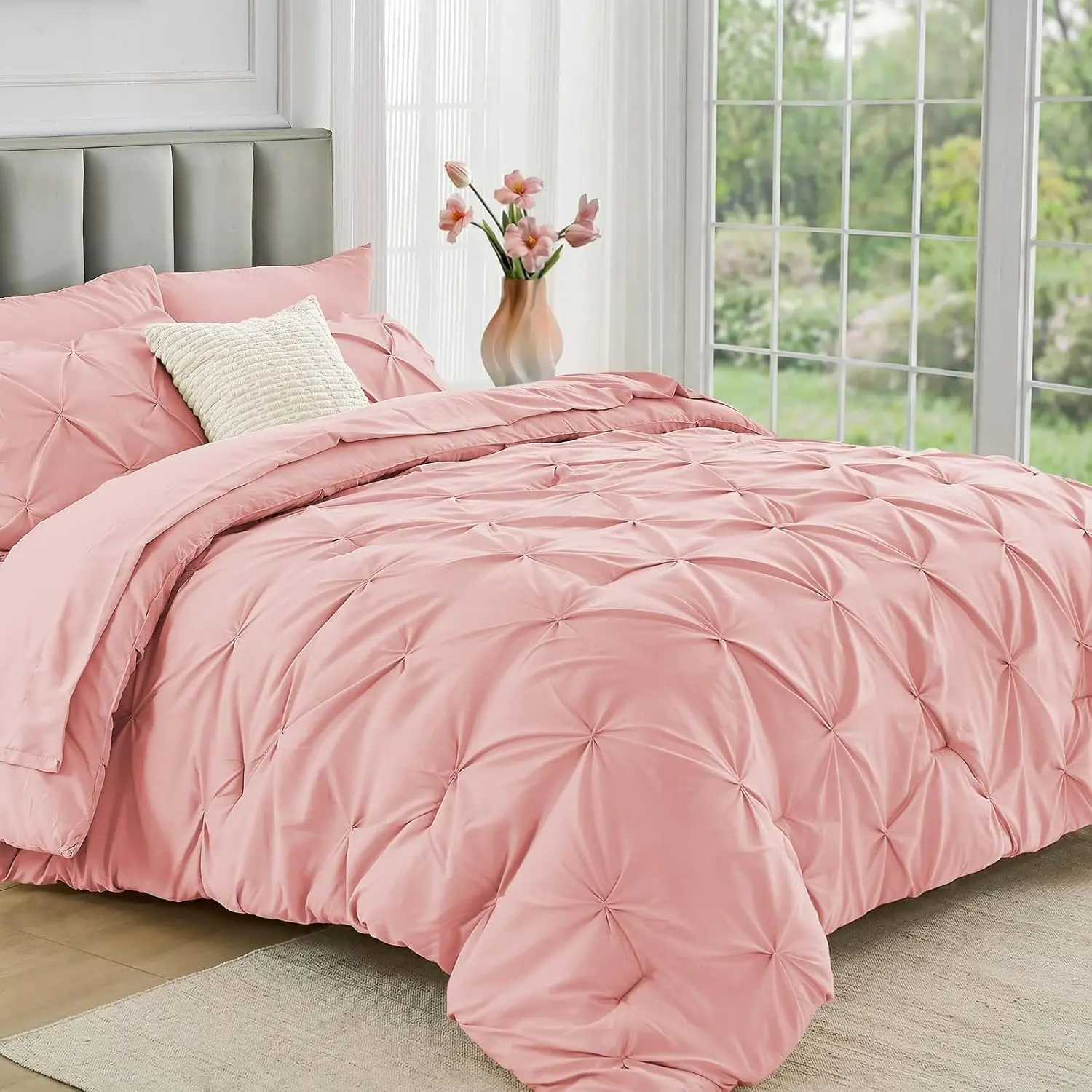 JOLLYVOGUE 7-Piece Queen Comforter Set - All-Season Pintuck Bedding, Breathable Ultra-Soft Hotel Quality, Machine Washable, Pink Princess Room Bedroom Decor for Cozy Dream Room Setup (Comforter, Flat Sheet, Fitted Sheet, Pillowcases, Shams), Bed Set
