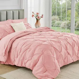JOLLYVOGUE Full Size Comforter Sets 7 Pieces - Bed in a Bag Full for All Season, Pintuck Bedding Comforter Sets with Comforter, Flat Sheet, Fitted Sheet and Pillowcases & Shams, Pink