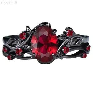 Matching Band Ring Jewelry Viral TikTok Vintage European American Couple Rings Gunmetal Cross Rose Branch Inlaid Ruby Retro Floral Set Antique Polished Unique Design Dating Valentine Couple Street Gift