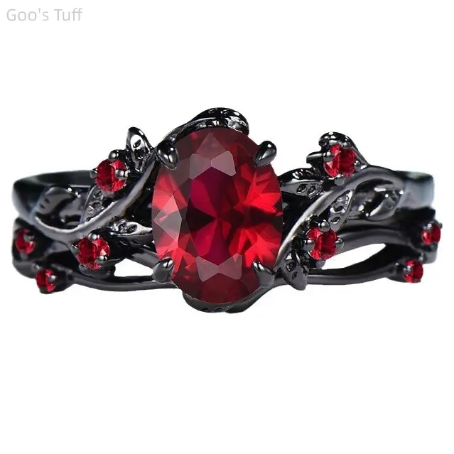 Matching Band Ring Jewelry Viral TikTok Vintage European American Couple Rings Gunmetal Cross Rose Branch Inlaid Ruby Retro Floral Set Antique Polished Unique Design Dating Valentine Couple Street Gift