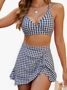 Three-piece Set Women's Gingham Print Bikini Set, Plaid Print Bikini, Casual Adjustable Strap Swim Top & Swim Bottom & Skirt Set, Ladies Swimsuit for Beach Holiday Vacation